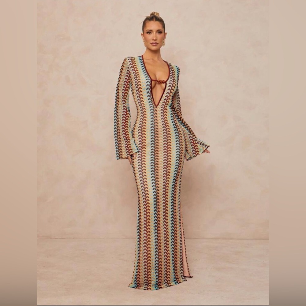 Multicolor Patterned Deep V Maxi Dress